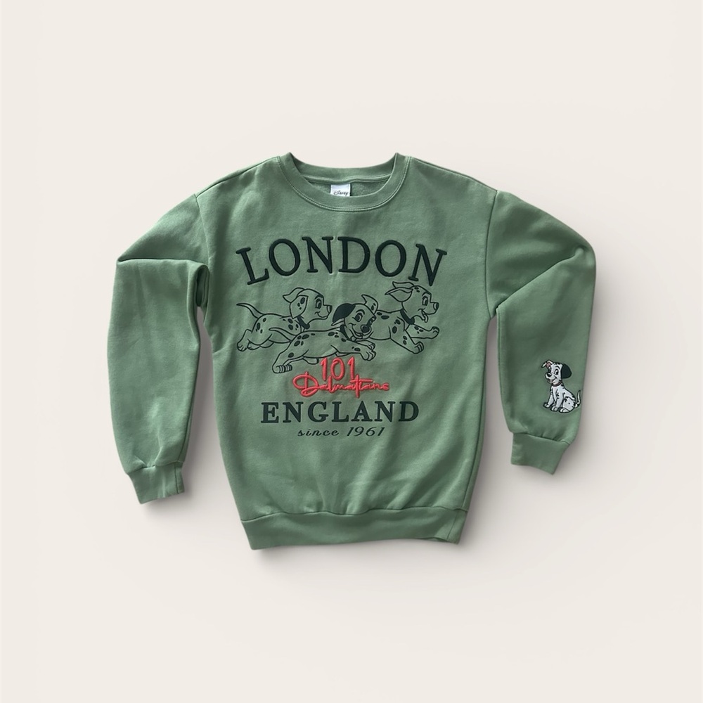 Disney 101 Dalmatians London Sage Green Sweatshirt XS NWOT Heritage Remix Design
